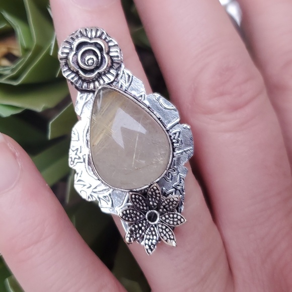 New Golden Rutile Carved 925 Silver Ring. - Picture 8 of 16